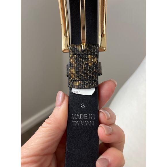 Express Leather Belt Womens Small Black & Gold Snakeskin Print Rhinestone Buckle - Picture 3 of 7
